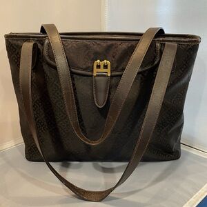 EUC Auth Bally Large Brown Monogram Emblem Logo Canvas Leather Tote Bag Purse!